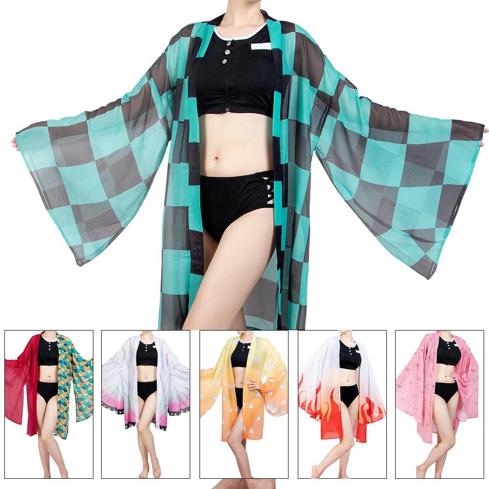 Demon Slayer Cosplay Kimetsu no Yaiba Kamado Tanjirou Cosplay Μαγιό Two Piece V Neck Μαγιό με διάφανη ζακέτα κιμονό cm