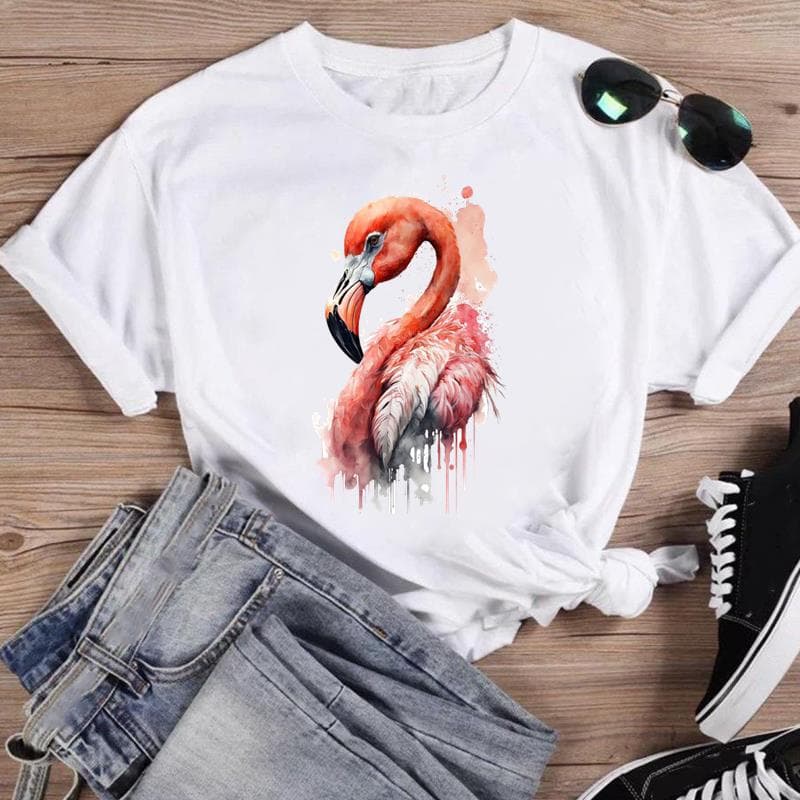 (Ασιατικό μέγεθος) Μόδα Print Γυναικείο Casual T Ρούχο Φλαμίνγκο Τάση Χαριτωμένο 90s Casual