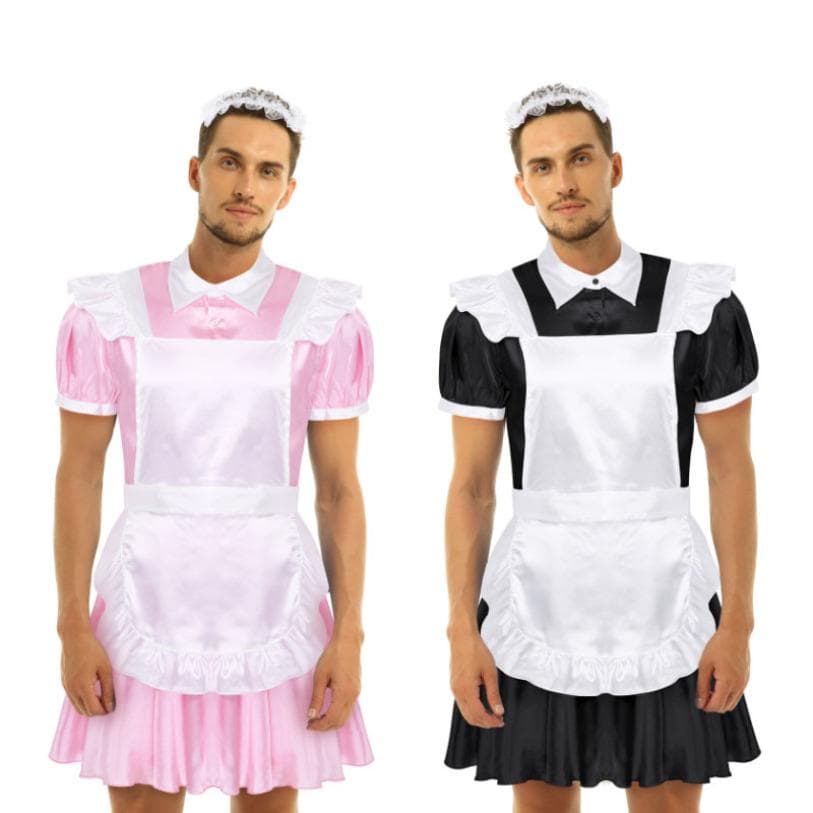 Ανδρικό φόρεμα Sissy Maid Cosplay με φουσκωτά μανίκια με κουμπιά και ποδιά και κορδέλα cm