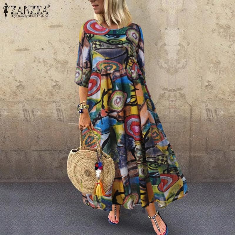 ZANZEA Bohemia Γυναικεία φλοράλ στάμπα με 3/4 μανίκια casual μακρύ φόρεμα cm πράσινο
