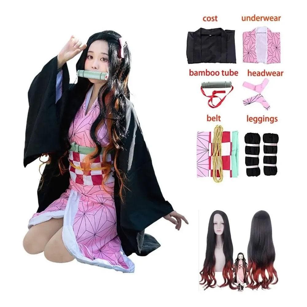 Ενήλικες γυναίκες Anime Demon Slayer Kamado Nezuko Cosplay περούκα Μακριά σγουρά κοστούμια κιμονό