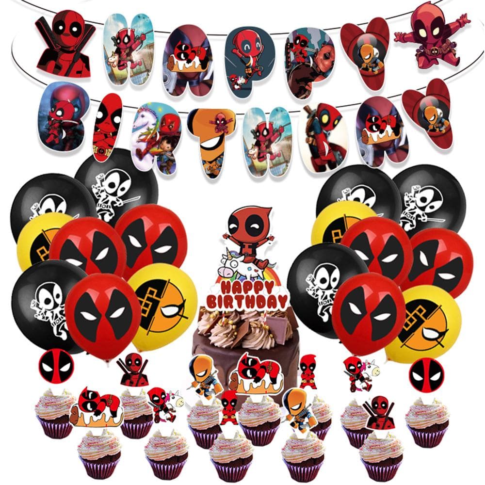 32 τεμ. Προμήθειες Πάρτι με Θέμα Deadpool Περιλαμβάνουν Μπάνερ Μπαλόνια Τόπερ για Κέικ
