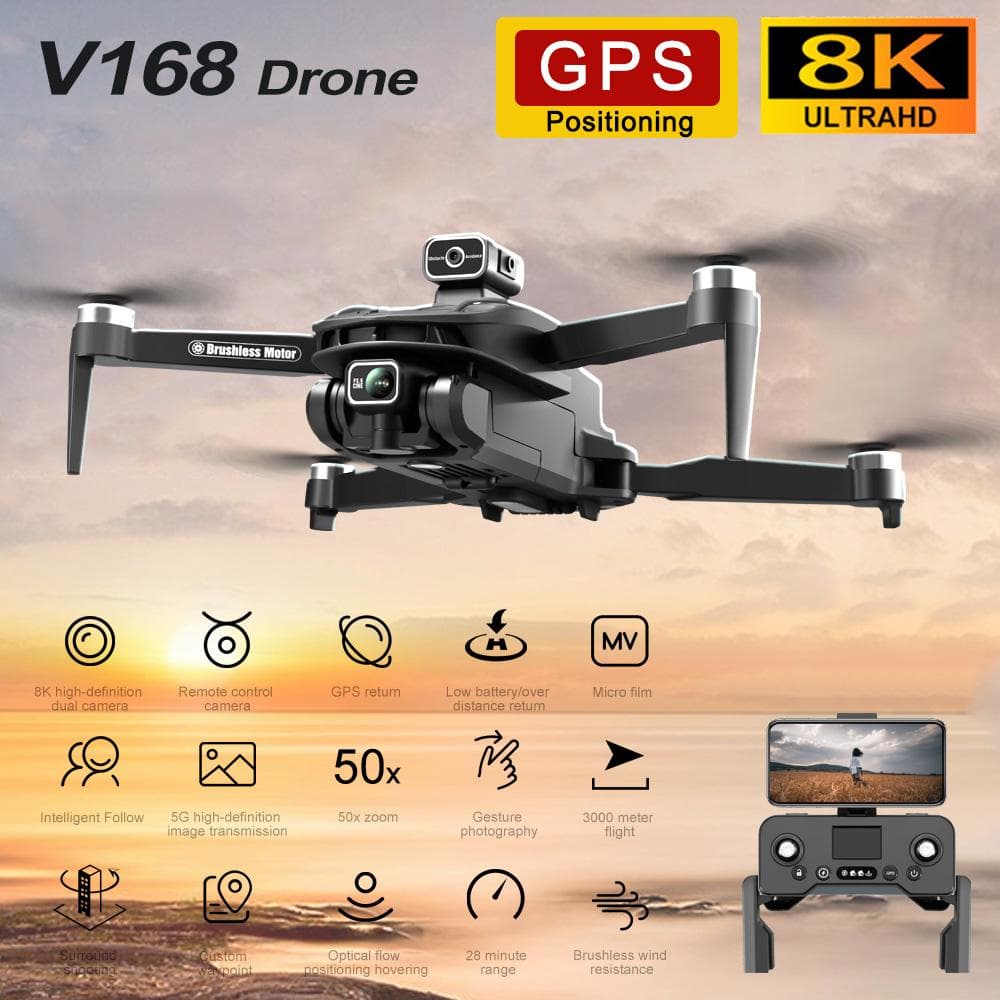 V168 PRO Drones GPS Profesional 8K with HD Camera FPV 5G Wifi Brushless Motor Πτυσσόμενο RC Quadcopter Obstacle Avoidance Dron