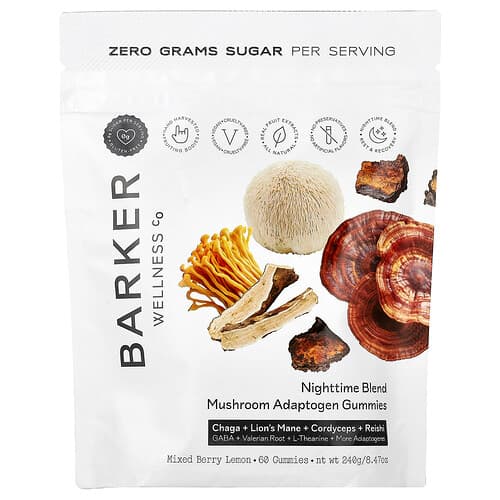 Barker Wellness Co, Μείγμα Νύχτας, Ζελεδάκια Προσαρμογόνου Μανιταριών, Μικτά Μούρα Λεμόνι,