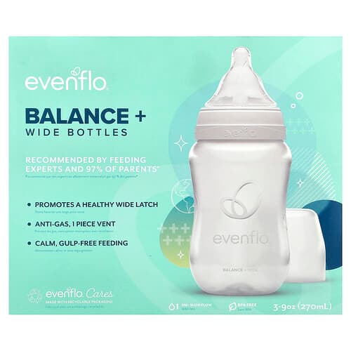 Evenflo Feeding, Μπουκάλια Balance+, Πλατιά, 0+ Μηνών, Αργής Ροής, 3 Μπουκάλια, 9 oz (270 ml) το καθένα