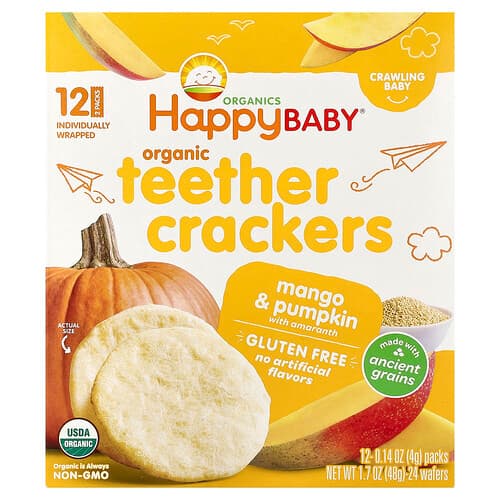 Happy Family Organics, Happy Baby®, Βιολογικά Κράκερς Οδοντοφυΐας, Μάνγκο & Κολοκύθα με Αμάραντο,