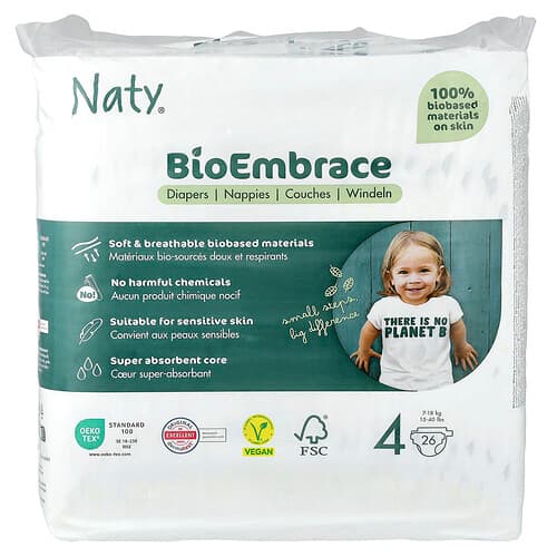Naty, Πάνες BioEmbrace, Μέγεθος 4, 15-40 λίβρες, 26 πάνες