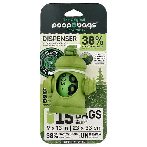 Original Poop Bags, Δοσομετρητής σε σακούλα + σακούλες, πράσινο, άοσμο, 1 δοσομετρητής, 15
