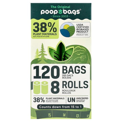 Original Poop Bags, Άοσμο, 8 ρολά, 15 σακουλάκια το καθένα