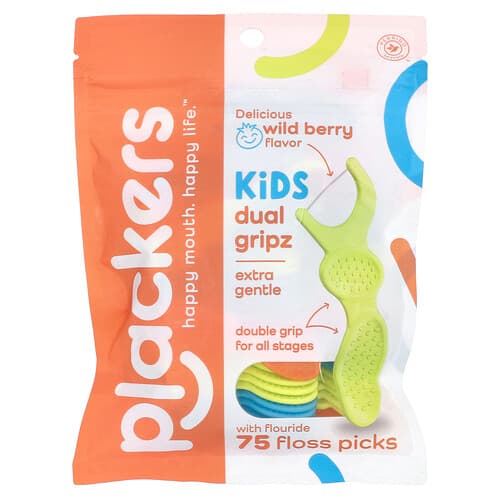 Plackers, Παιδικό Διπλό Gripz, Εξαιρετικά Απαλό με Φθόριο, Άγριο Μούρο, 75 Επιλογές
