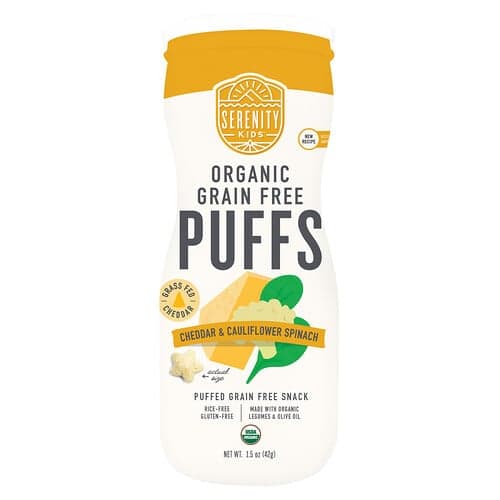 Serenity Kids, Βιολογικά Puffs χωρίς σιτηρά, τσένταρ και κουνουπίδι με σπανάκι, 42 γρ.