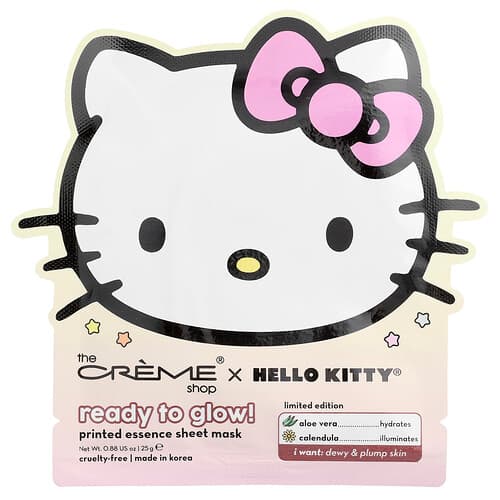 The Creme Shop, Hello Kitty®, Ready To Glow!, Εκτυπωμένη μάσκα ομορφιάς Essence σε φύλλο, 1 φύλλο, 0,88 oz (25 g)