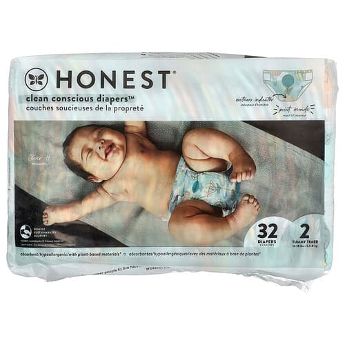The Honest Company, Clean Conscious Diapers™, Μέγεθος 2, 5-7 κιλά, Πάνω από όλα, 32 πάνες