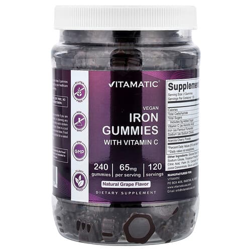 Vitamatic, Vegan Ζελεδάκια Σιδήρου με Βιταμίνη C, Σταφύλι, 240 Ζελεδάκια