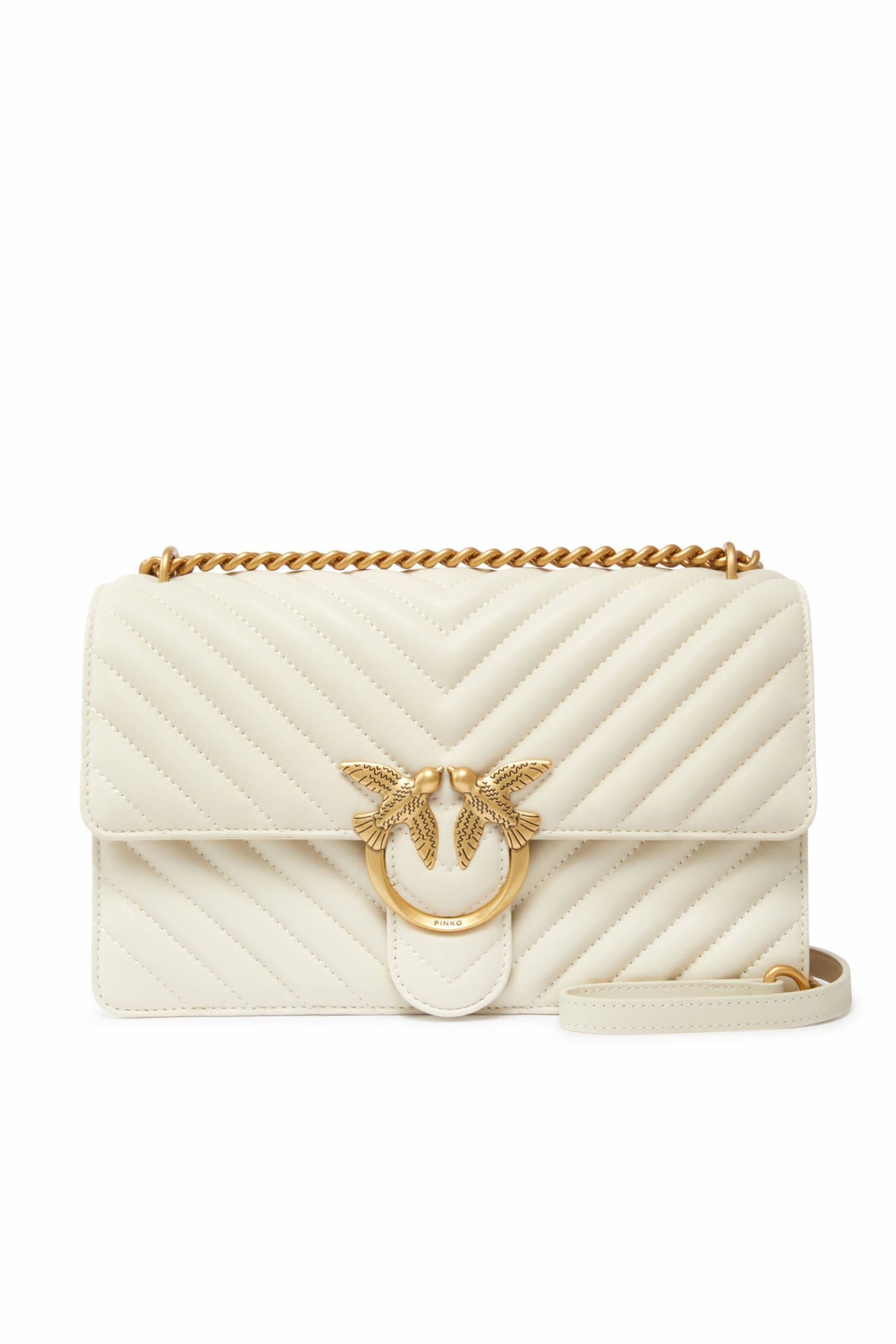 PINKO ΤΣΑΝΤΑ LOVE ONE CLASSIC DC SHEEP NAPPA CHEVRON ΛΕΥΚΟ-ANTIQUE GOLD