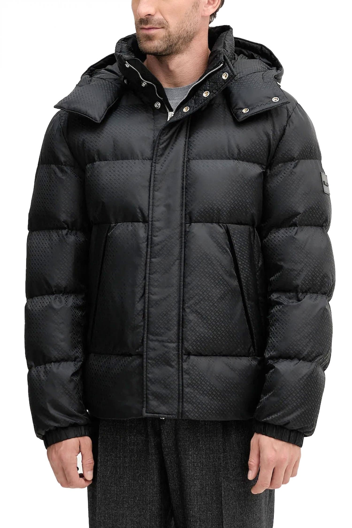 BOSS ΜΠΟΥΦΑΝ PUFFER ALL OVER LOGO ΑΠΟΣΠΩΜΕΝΗ KΟΥΚΟΥΛΑ H-COMBINIAN5 ΜΑΥΡΟ