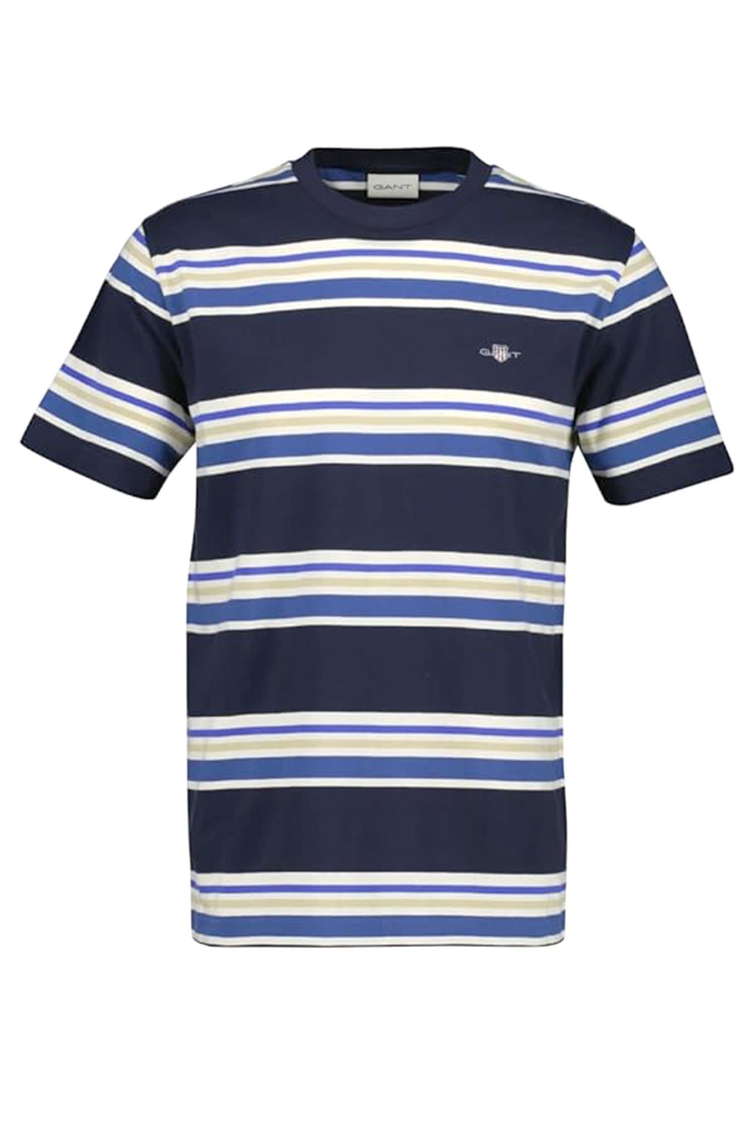 GANT T-SHIRT LOGO ΡΙΓΕ ΜΠΛΕ - ΚΡΕΜ - ΜΠΕΖ