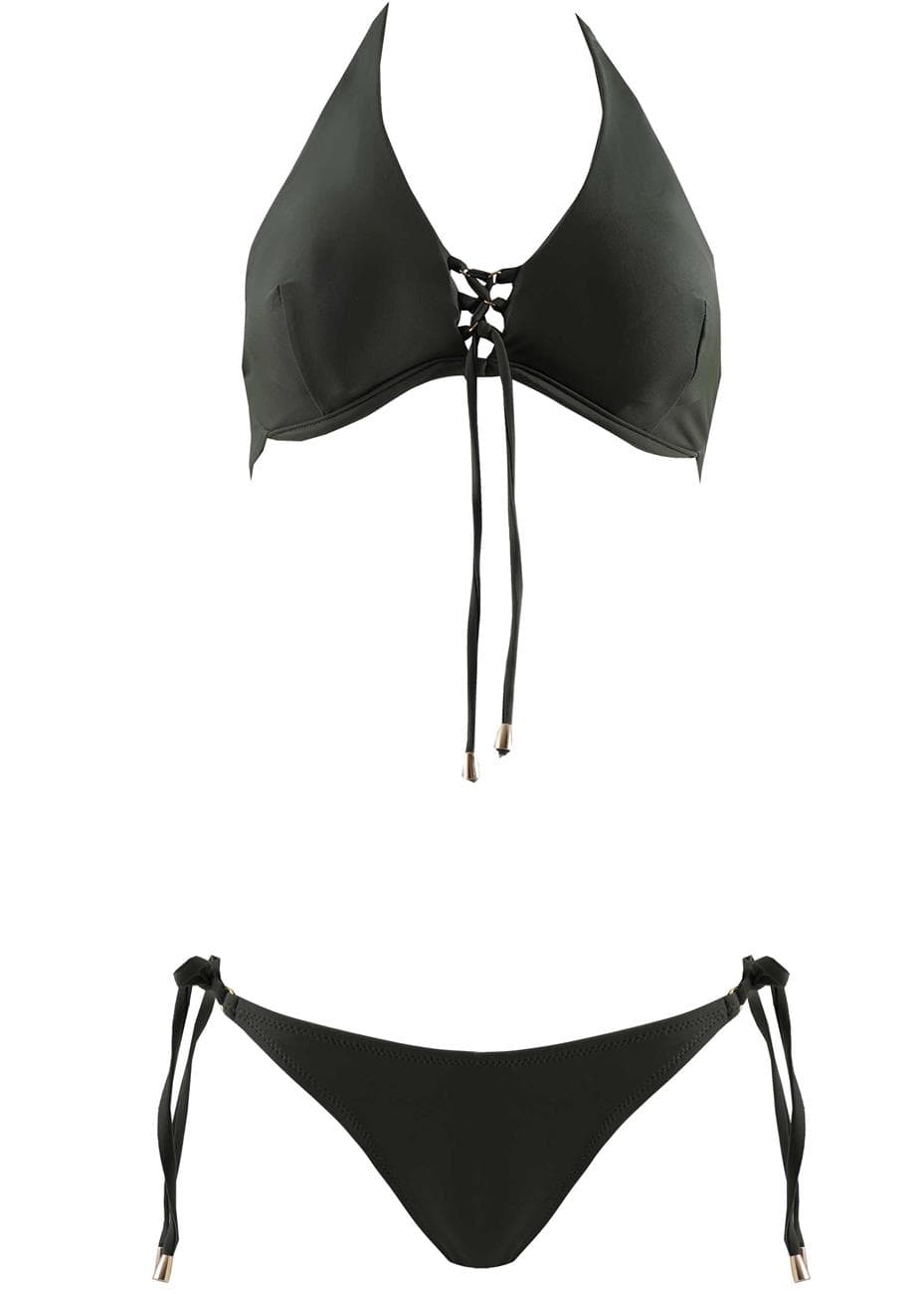 Γυναικείο μαγιό τρίγωνο φαρδύ bikini δετό κανονική γραμμή. Καλύπτει D cup ΧΑΚΙ