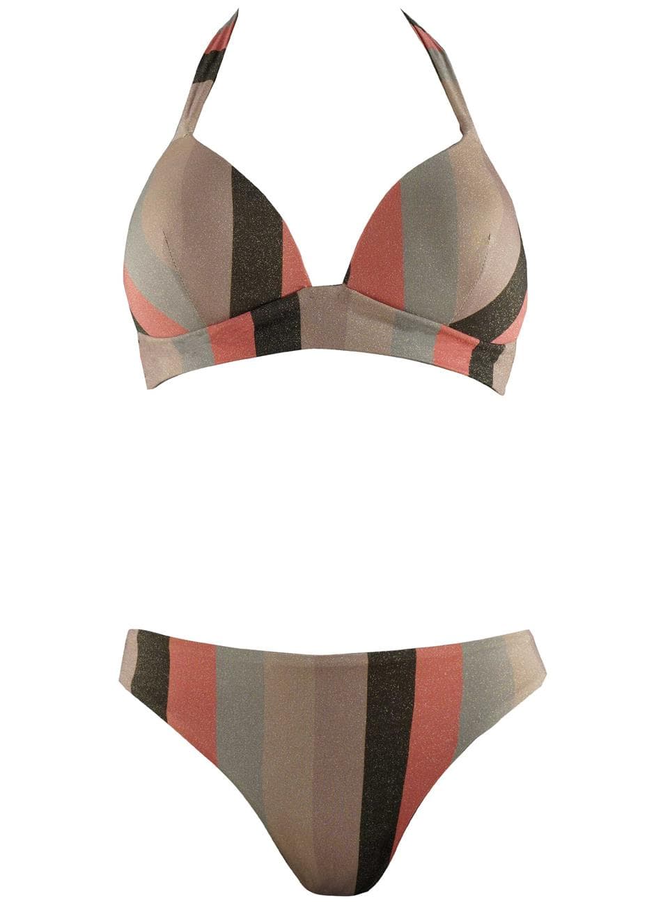 Γυναικείο σέτ μαγιό τρίγωνο ενισχυμένο bikini ψηλόμεσο. Καλύπτει B cup. ΚΑΜΕΛ