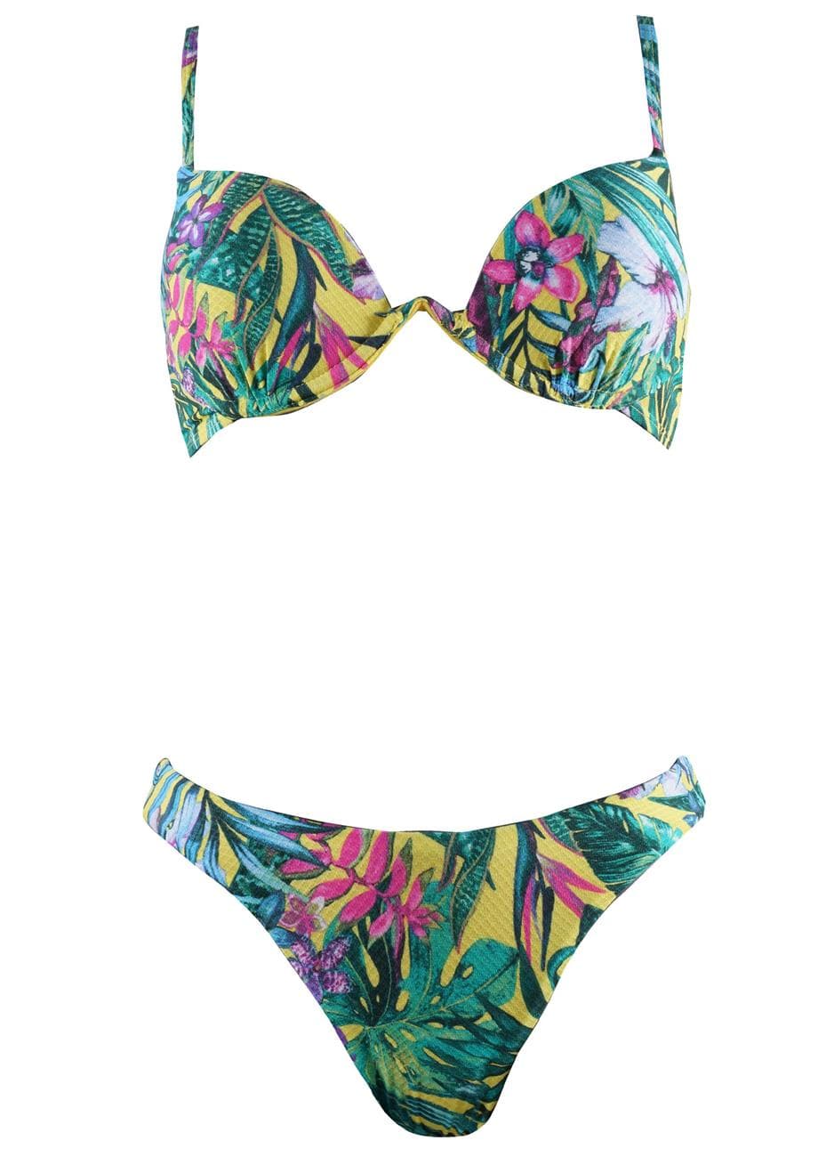Γυναικείο σέτ μαγιό ενισχυμένο bikini παρτό floral print. Καλύπτει B cup ΚΙΤΡΙΝΟ