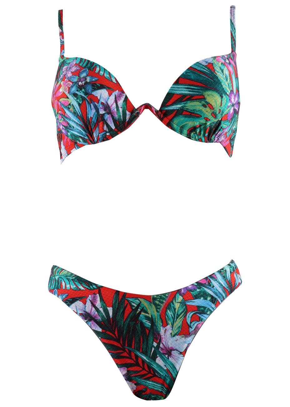 Γυναικείο σέτ μαγιό ενισχυμένο bikini παρτό floral print. Καλύπτει B cup ΚΟΚΚΙΝΟ