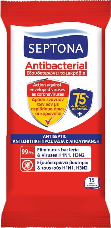 Septona Αντιβακτηριδιακά Μαντηλάκια Refresh 75% Ethanol 15Τμχ (2101030015106)