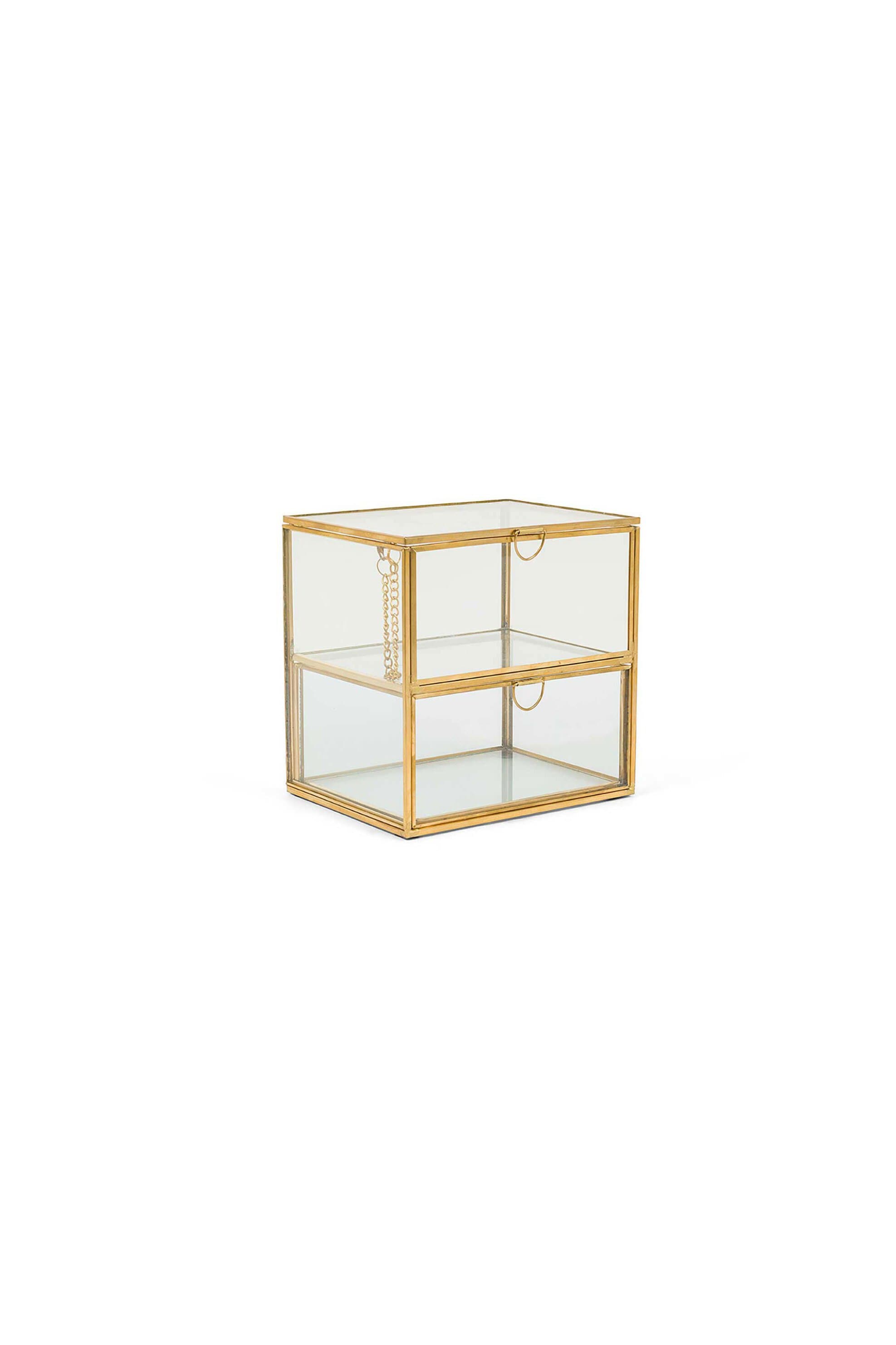 Coincasa γυάλινη κοσμηματοθήκη δύο επιπέδων συρτάρια και χρυσό περίγραμμα 15 x 15 cm -