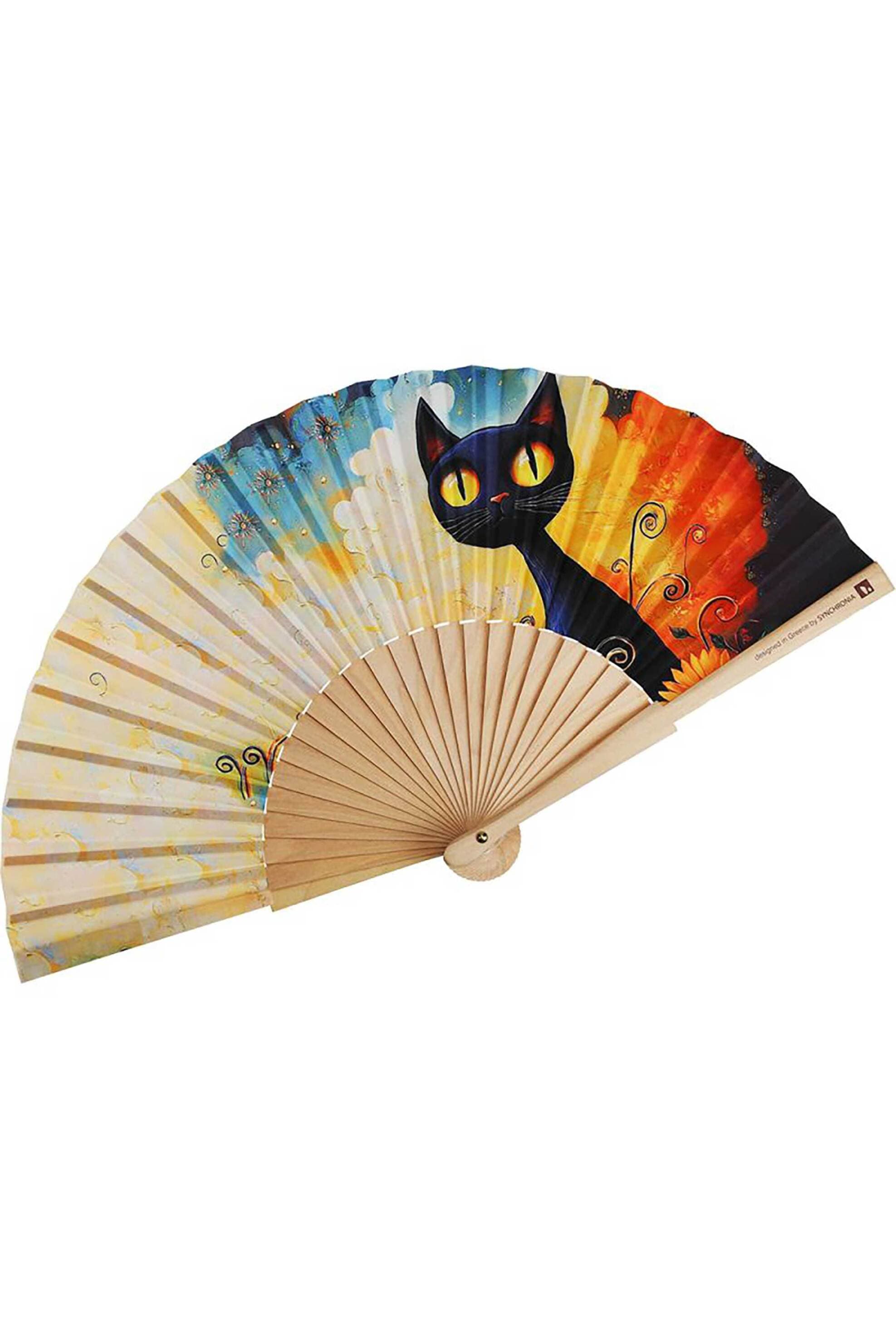 Synchronia ξύλινη βεντάλια "Cat in the clouds" 23 cm - NB000005