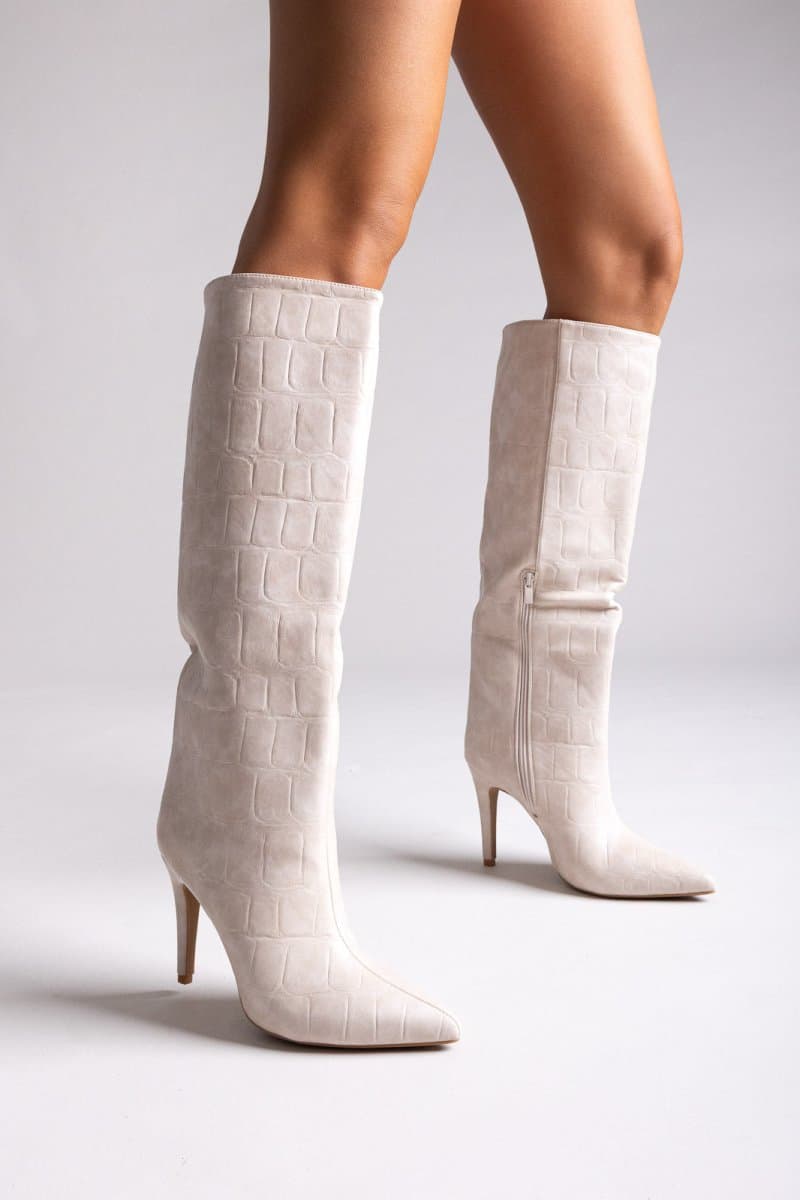 Ideal shoes Μυτερά Μποτάκια με Εφέ Κροκό και Τακούνι Στιλέτο - 2529A - Μπεζ Κροκό
