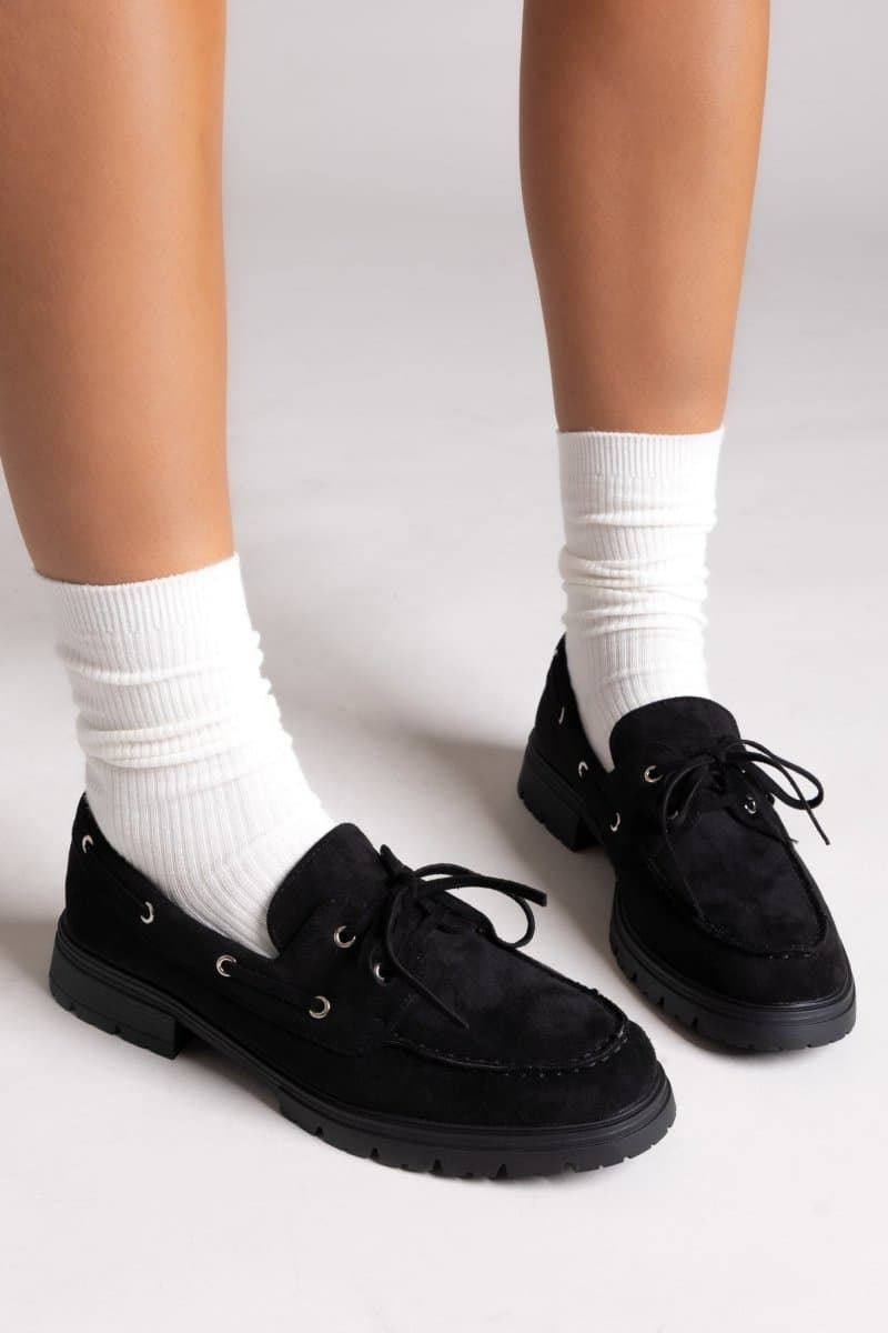 Ideal shoes Μοκασίνια με κορδόνια - 9727 - Μαύρο Σουέτ
