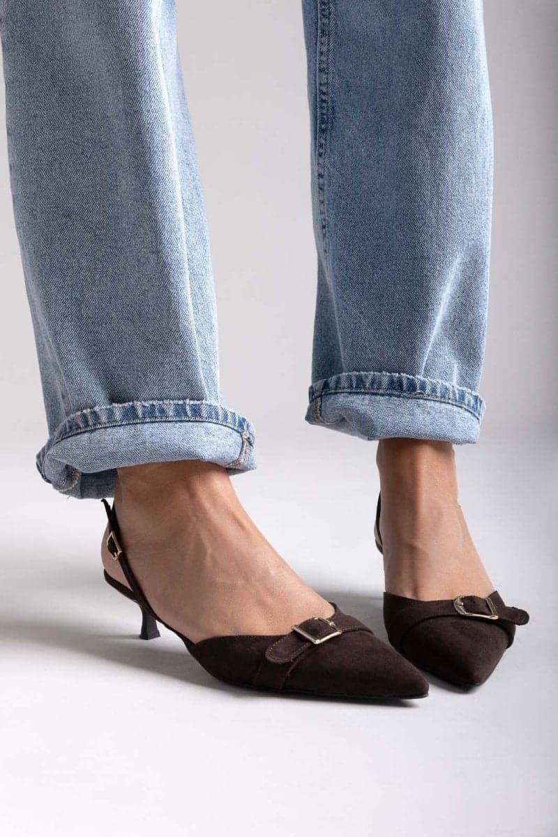 TFP Γόβες Μυτερές Slingback με Kitten Heel - 351 - Καφέ Σουέτ