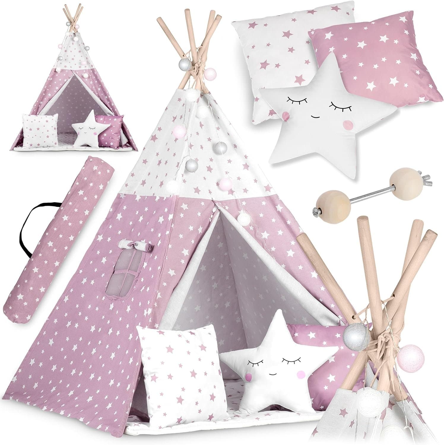 Παιδική Σκηνή Teepee Nukido Kids Tipi Tent Ινδιάνικη με 3 x Μαξιλάρια & Φωτάκια - Pink / Stars (5903890609566)